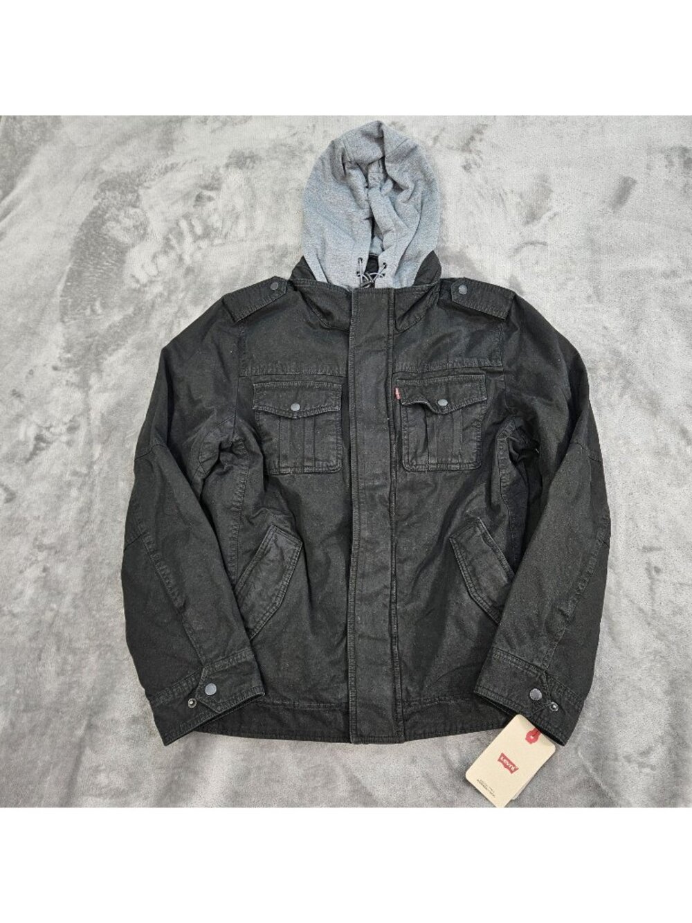 Levis Jacket Mens M Black Washed Cotton Hooded Trucker Convertible Quilted Chore